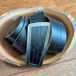 Seven7 Vintage Black Leather Belt with Brushed Silver Rectangular Buckle